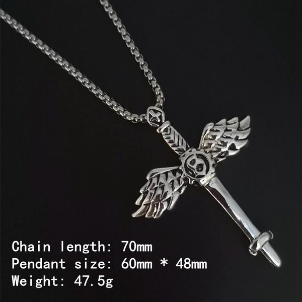 chains men's punk rock angel pendant necklace hip hop cross stainless steel inlaid men and women, Silver